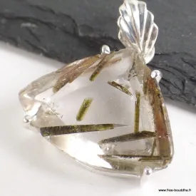 Pendentif Epidote sur Quartz bélière feuille - Pendentifs pierres naturelles