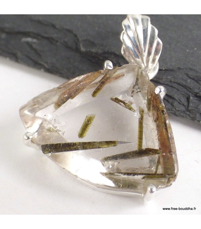 Pendentif Epidote véritable sur Quartz facetté argent 925