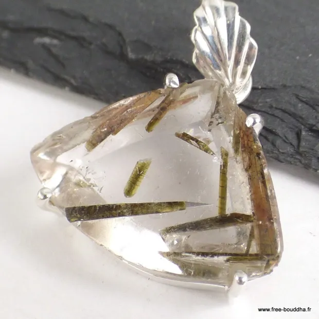 Pendentif Epidote sur Quartz bélière feuille - Pendentifs pierres naturelles
