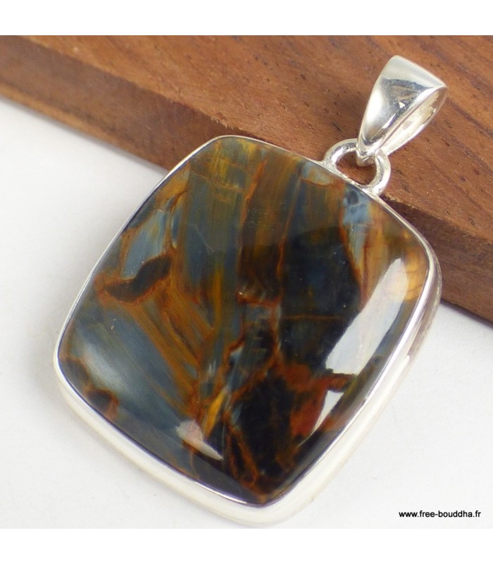 Pendentif Pietersite véritable gris fauve monté en Argent 925