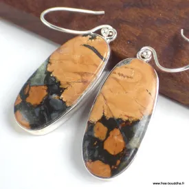 Boucles d'oreilles pendantes en Jaspe Maligano ocre noir - Bijoux en Jaspe