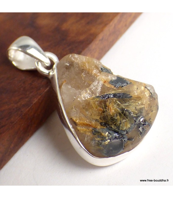 Pendentif Quartz Rutile doré brut – Argent 925 authentique