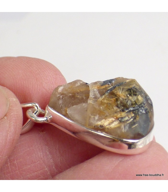 Pendentif Quartz Rutile doré brut – Argent 925 authentique