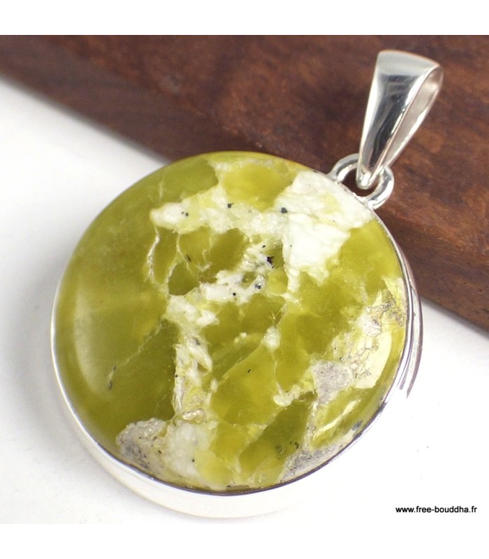Pendentif Lézardite Serpentine artisanale ronde – Argent 925 certifié