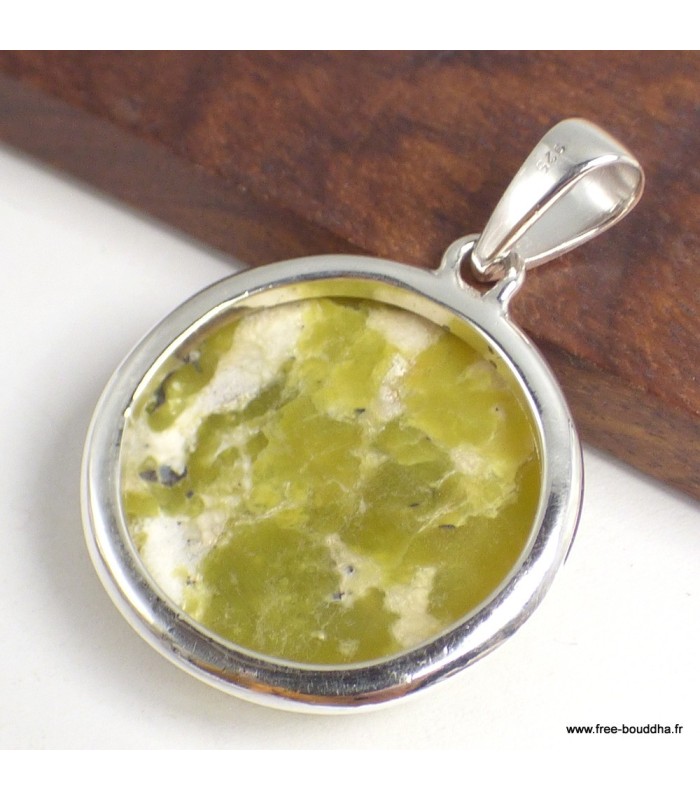 Pendentif Lézardite Serpentine artisanale ronde – Argent 925 certifié