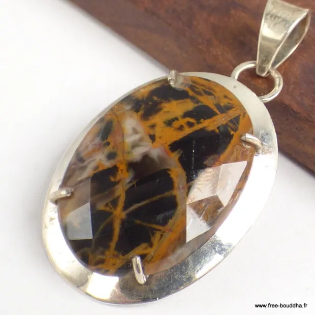 Pendentif en Jaspe Pilbara noir bronze facetté - Pendentifs pierres naturelles