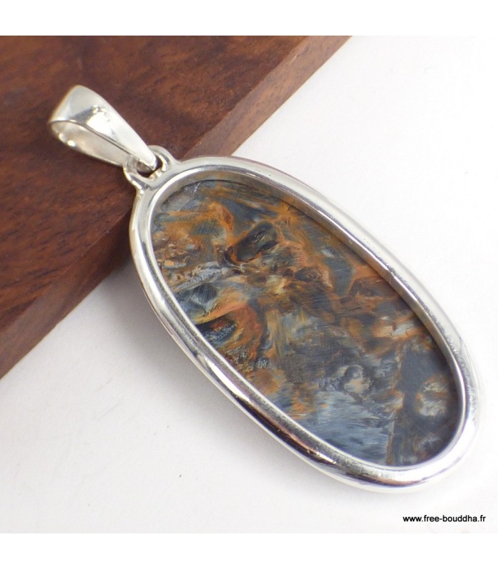 Pendentif Pietersite AAA gris fauve, argent 925 authentique Namibie