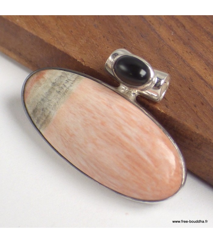 Pendentif Célestobarite oval et onyx noir argent 925 authentique