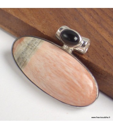 Pendentif Célestobarite oval et onyx noir argent 925 authentique
