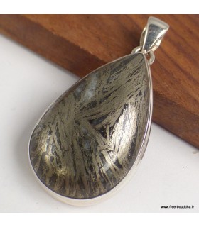 Pendentif Pyrite plume goutte argent 925 certifié