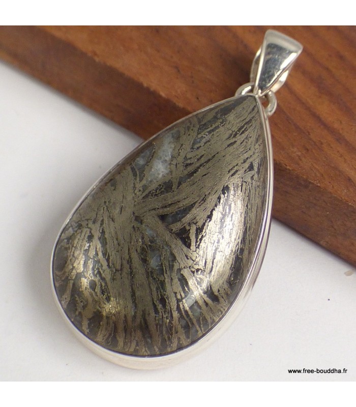 Pendentif Pyrite plume goutte argent 925 certifié
