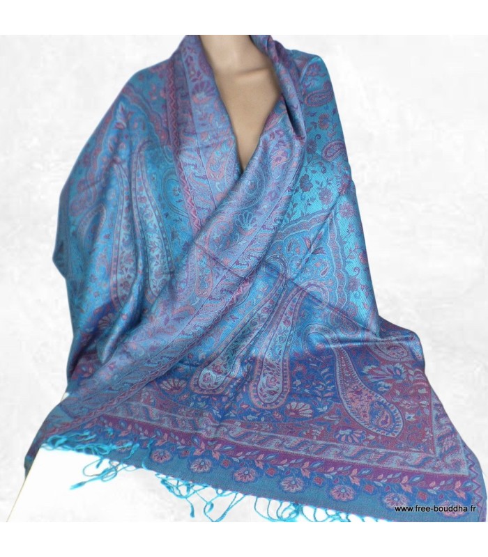 Pashmina en soie turquoise & bordeaux – Étole réversible de luxe