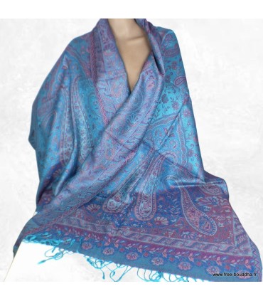 Pashmina en soie turquoise & bordeaux – Étole réversible de luxe