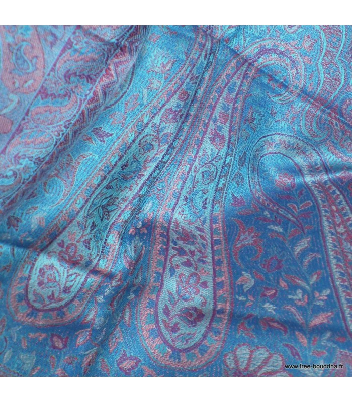 Pashmina en soie turquoise & bordeaux – Étole réversible de luxe