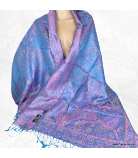 Pashmina en soie bleu métallique & rose – Étole réversible de luxe