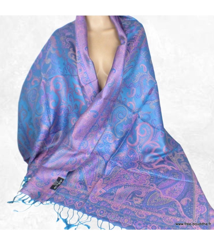 Pashmina en soie bleu métallique & rose – Étole réversible de luxe