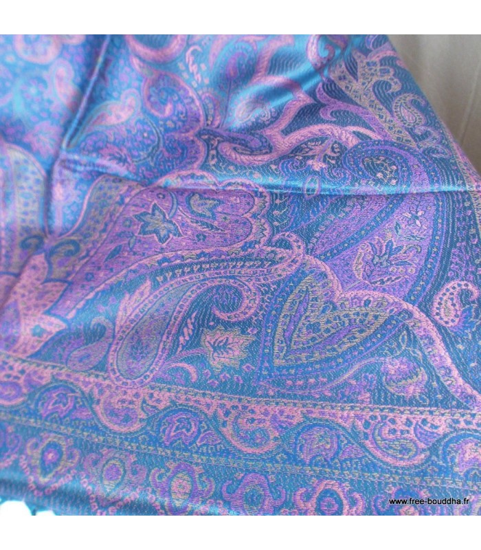 Pashmina en soie bleu métallique & rose – Étole réversible de luxe