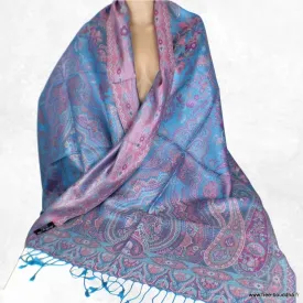 Pashmina en soie turquoise motifs cachemire - Etoles en soie naturelle