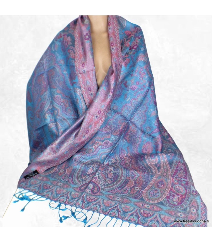 Pashmina en soie naturelle turquoise motifs cachemire – Étole réversible