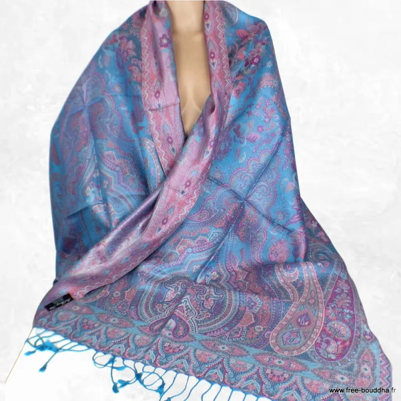 Pashmina en soie turquoise motifs cachemire - Etoles en soie naturelle