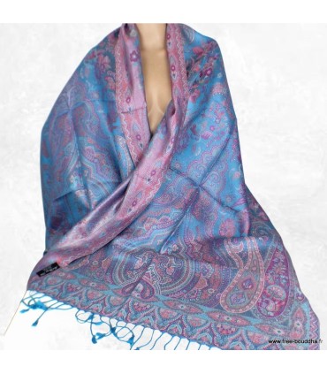 Pashmina en soie naturelle turquoise motifs cachemire – Étole réversible