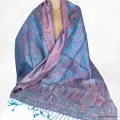 Pashmina en soie turquoise motifs cachemire - Etoles en soie naturelle
