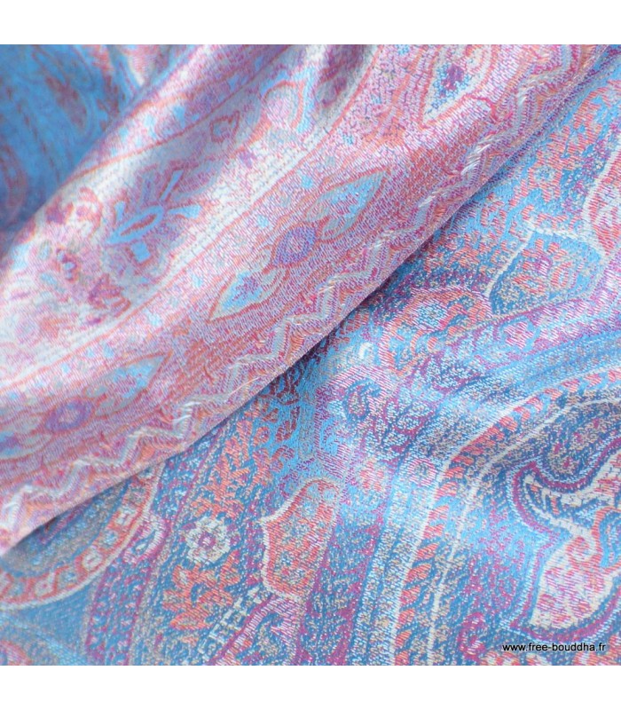 Pashmina en soie naturelle turquoise motifs cachemire – Étole réversible
