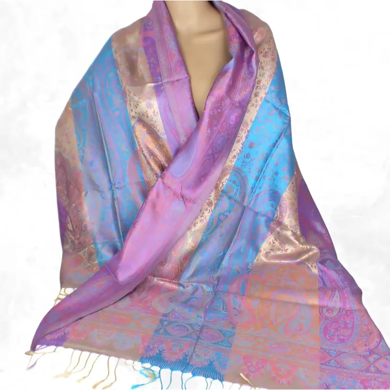 Pashmina en soie véritable multicolore mauve or - Etoles en soie naturelle