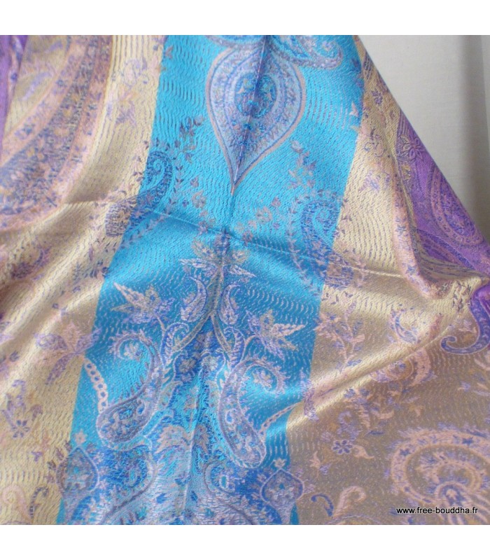 Pashmina en soie véritable bleu violet & or – Tissu certifié non toxique
