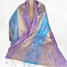 Pashmina en soie véritable bleu violet or - Etoles en soie naturelle