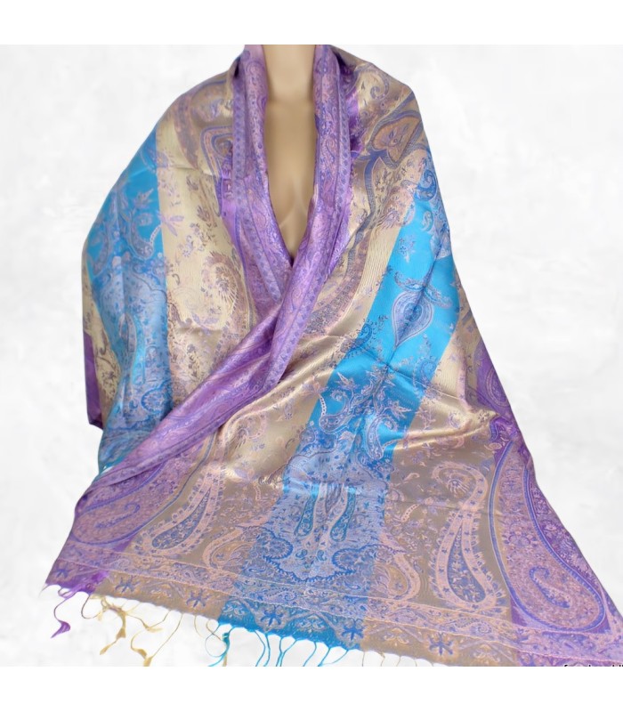 Pashmina en soie véritable bleu violet & or – Tissu certifié non toxique