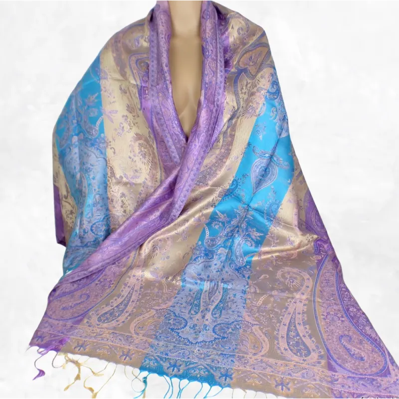 Pashmina en soie véritable bleu violet or - Etoles en soie naturelle