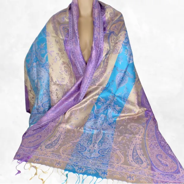 Pashmina en soie véritable bleu violet or - Etoles en soie naturelle