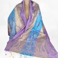 Pashmina en soie véritable bleu violet or - Etoles en soie naturelle