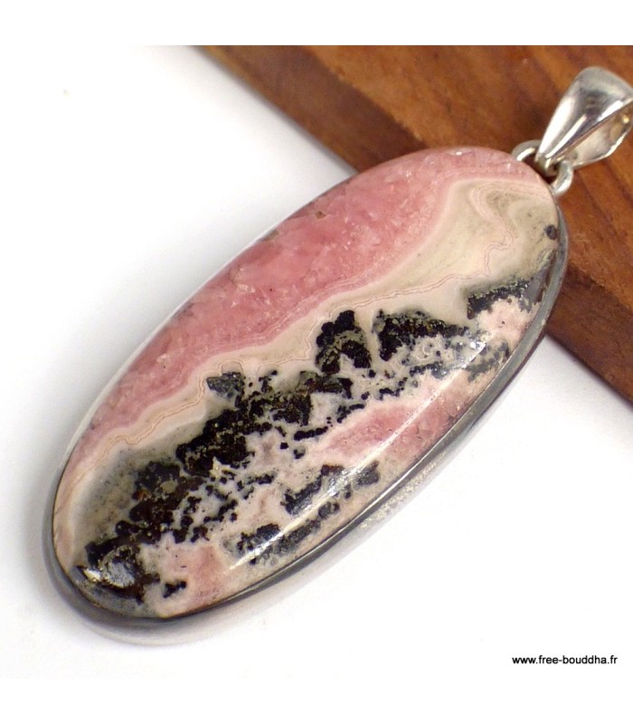 Rhodochrosite sur Pyrite véritable – Pendentif allongé argent 925
