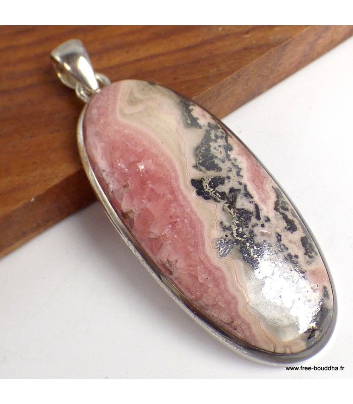 Rhodochrosite sur Pyrite véritable – Pendentif allongé argent 925