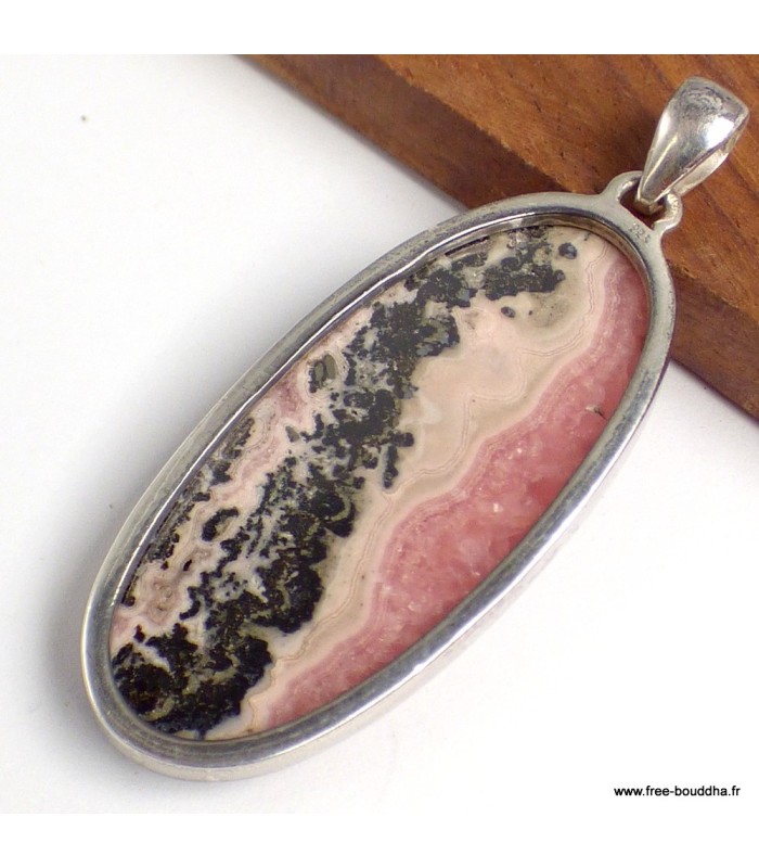 Rhodochrosite sur Pyrite véritable – Pendentif allongé argent 925
