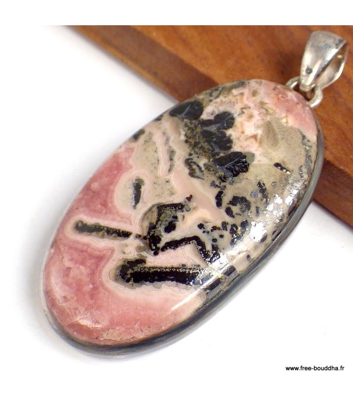 Pendentif ovale Rhodochrosite sur Pyrite – Pierre rare en argent 925