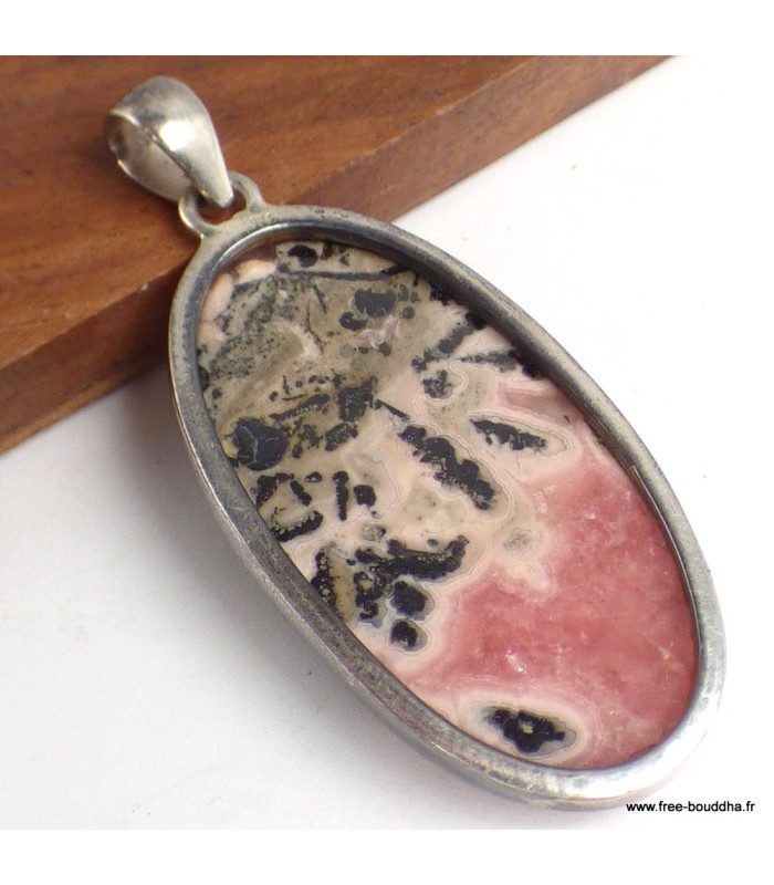 Pendentif ovale Rhodochrosite sur Pyrite – Pierre rare en argent 925