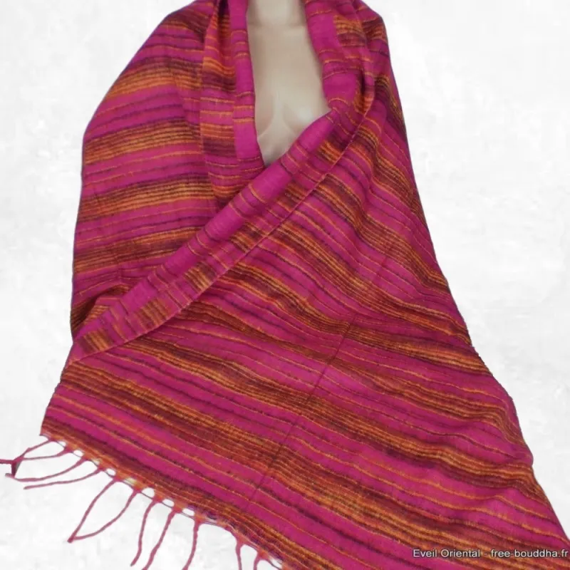 Grand châle laine de yack 100 x 200 cm fuschia marron - Châles en laine faits main