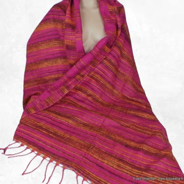 Grand châle laine de yack 100 x 200 cm fuschia marron - Châles en laine faits main