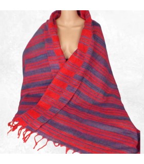 Châle en laine de yak, rouge et bleu, doux et chaud.