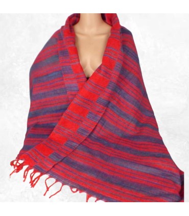 Châle en laine de yak, rouge et bleu, doux et chaud.