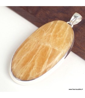 Agate Jaune – Long pendentif ovale en argent 925 avec certificat