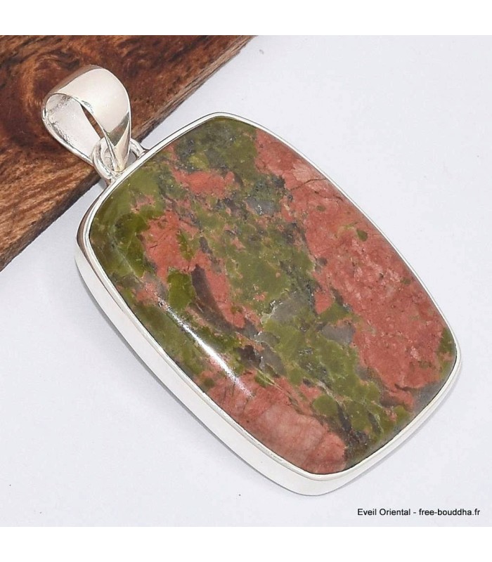 Pendentif Unakite origine USA rectangulaire argent 925, authentique