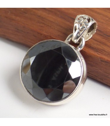 Pendentif Hématite facettée ronde véritable argent 925

