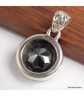 Pendentif Hématite facettée ronde véritable argent 925


