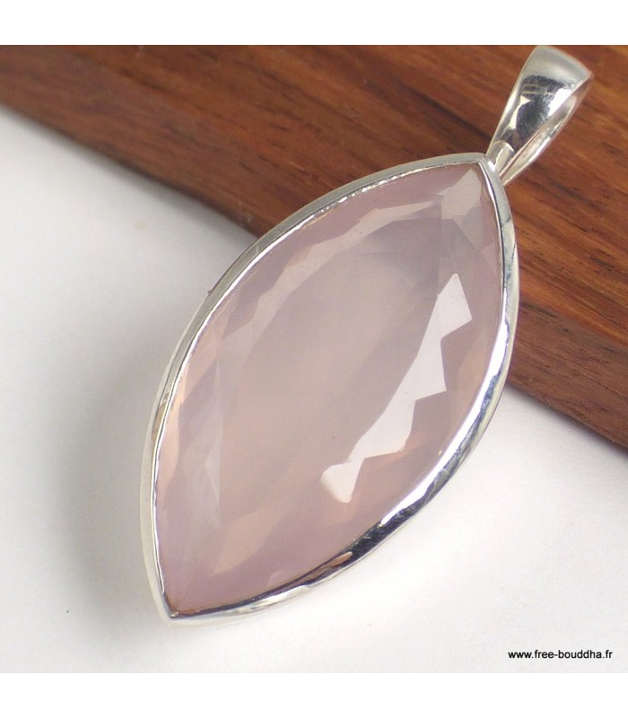 Pendentif Quartz rose facetté marquise argent 925, bijou certifié