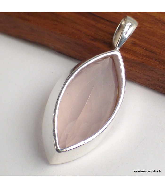 Pendentif Quartz rose facetté marquise argent 925, bijou certifié