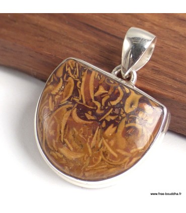 Pendentif Jaspe Coquina semi‑oval pierre naturelle argent 925